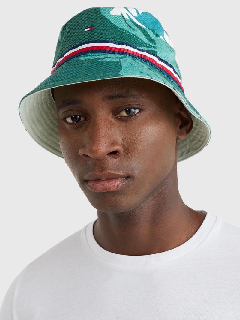 Férfi Tommy Hilfiger Palm Print Bucket HATS Zöld Színes | HU 1517OKI